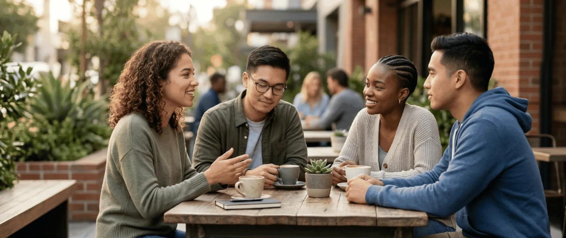 Illustrative friends connecting over coffee
